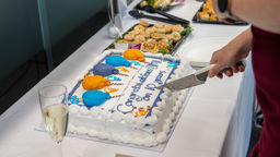 A person cutting a cake with a knife, the cake reads "congratulations SMI on 10 years"