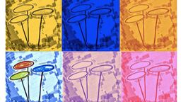 colourful drawing of plates spinning on poles