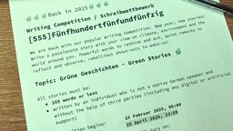 Green flyer advertising the 2025 German writing competition