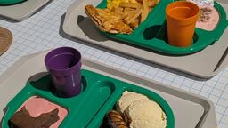 Trays of food contrasting school meals from different eras