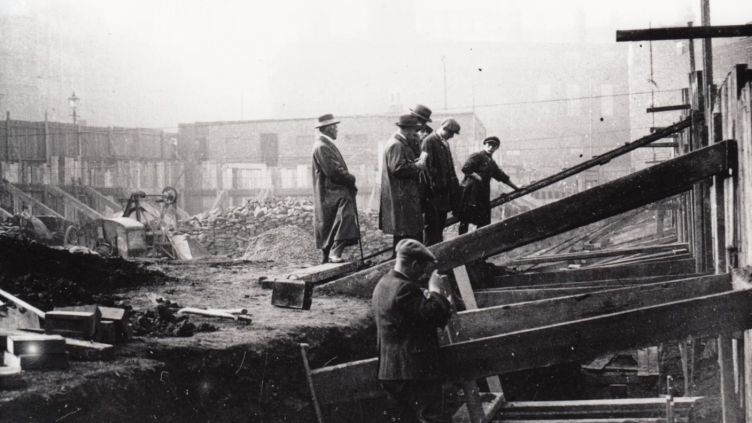 Archaeological digging at the site of Sheffield Castle in the 1920s, 1930s or 1950s